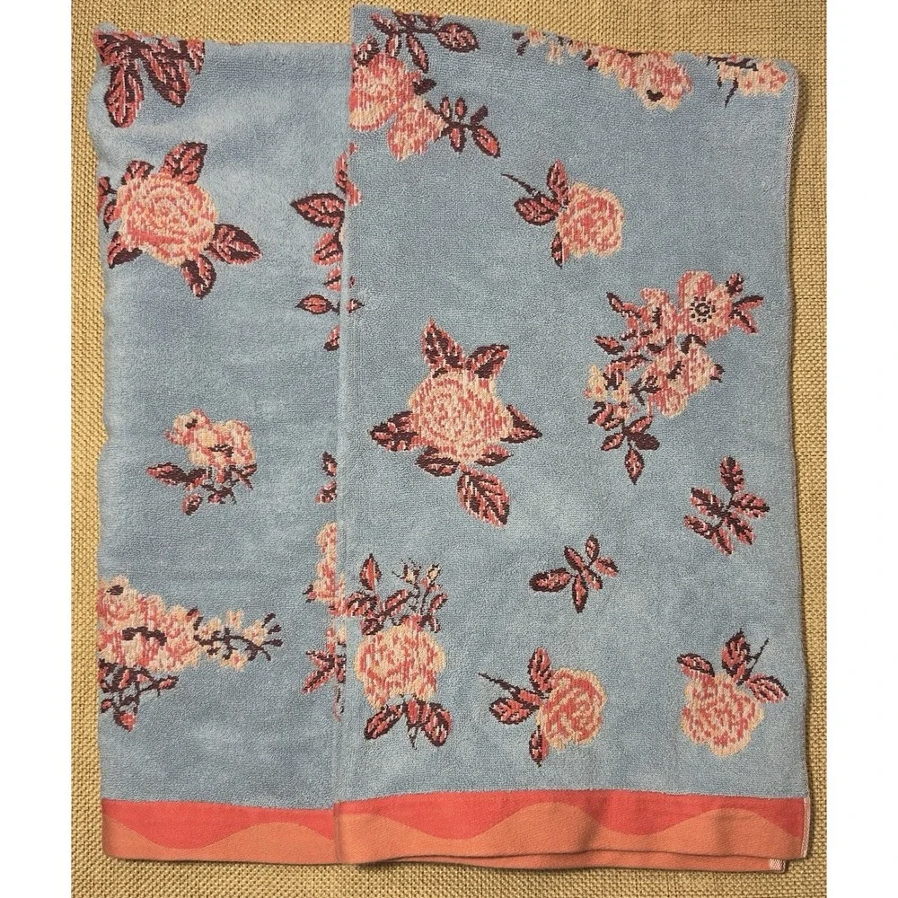 Anthropologie Towel Set Floral Blue Coral Plush‎ Cotton Anthro Bathroom Decor